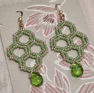 Handcrafted glass beaded earrings, 12kt gold filled ear hooks, honeycomb design